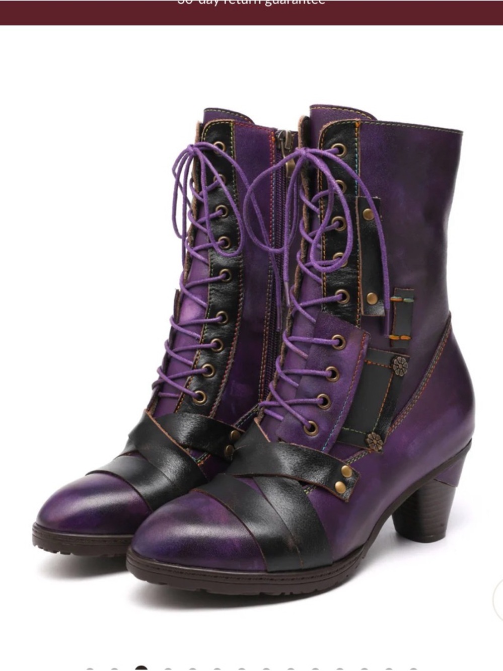 Purple Lace-Up Mid-Heel Ankle Boots with Black Strap Detail